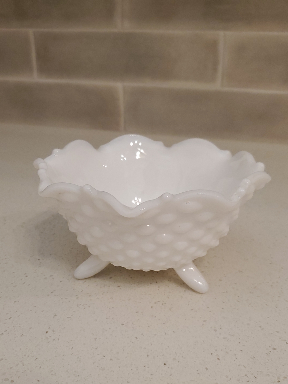 LE Smith Vintage Milk Glass 3-Footed Bowl with Manganese Glow